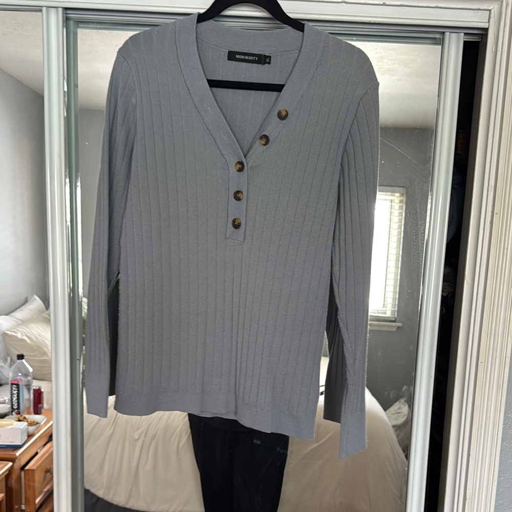 Gray Ribbed Button-Up Sweater